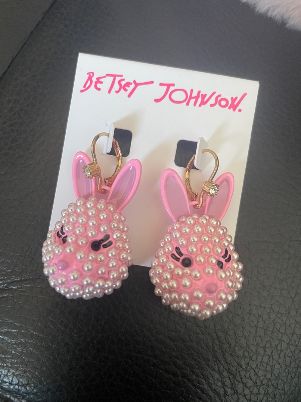 Betsey Johnson Pink Pearl Bunny Drop Earrings with Gold Hooks NWT